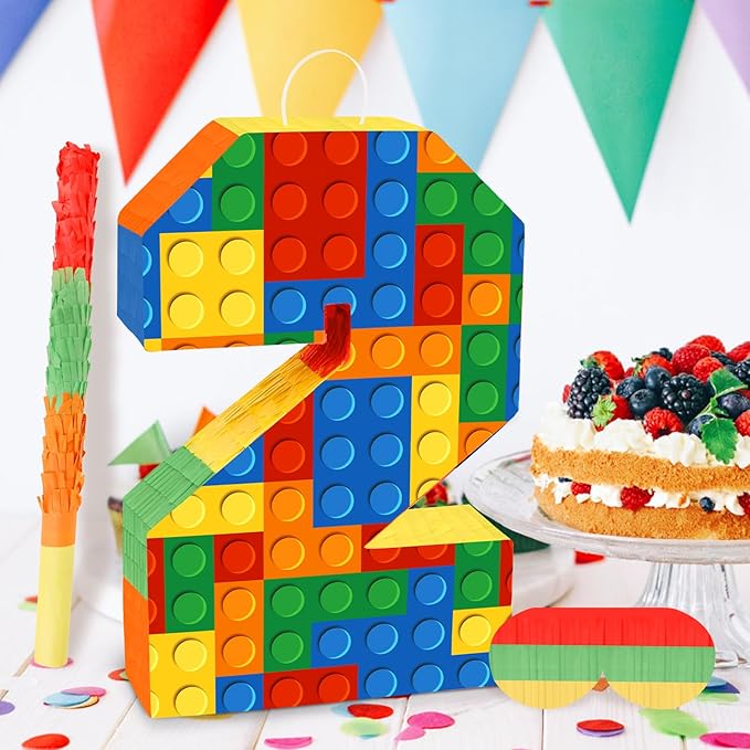 Building Blocks Number 2 Pinata with Pinata Stick & Blindfold 2th Birthday Party Decorations for Kids Happy Birthday Building Block Theme Party Supplies for Boys Girls (16 x 10.6 x 3 In)