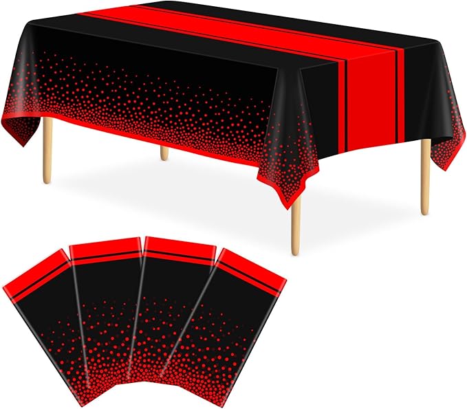 4 Pack Black and Red Tablecloth Party Decorations Plastic Black Tablecloth Printed Red Table Runner 54 x108 Inch Disposable Rectangle Table Cover for Birthday Wedding Graduation Anniversary