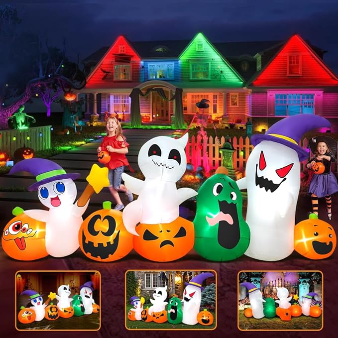 8 FT Halloween Inflatables Blow up Outdoor Decoration, Inflatable Ghost with Pumpkin Led Light Inflatables Outdoor Decor Blow up Inflatables for Holiday Party Lawn Yard Garden Décor
