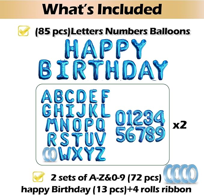[85 PCS] 16" Blue Letter Number Balloons, Happy Birthday & 2 Sets of A-Z 0-9, Foil Mylar Aluminum Hanging Alphabet for Graduation New Year eve Birthday Party Decorations