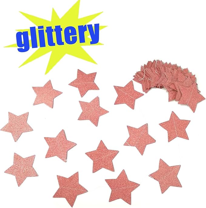 6 Pack Glitter Rose Gold Star Paper Garland Bridal Shower Wedding Bachelorette Party Birthday Party Bunting Banner Hanging Decorations Sparkling Daily Indoor or Outdoor Decorative Supplies (50 Feet)