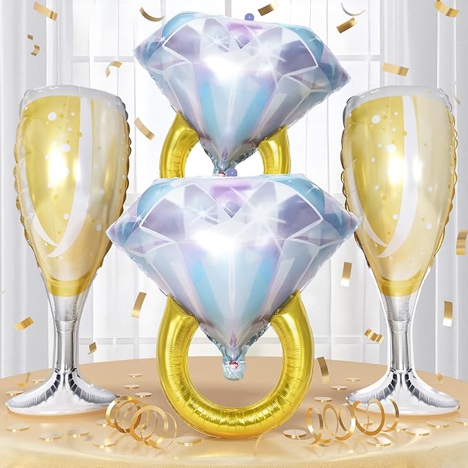 Diamond Ring Balloons Champagne Wine Glass Foil Balloons for Engagement Bachelorette Bridal Shower Wedding Proposal Marriage Anniversary Just Engaged Married She Said Yes Celebration Party Decorations