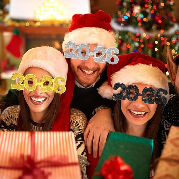Kanayu 3 Pcs 2026 New Years Party Supplies Glasses New Years Eve Glasses Props for Women Men, Gold, Silver, Black(Glitter Style)