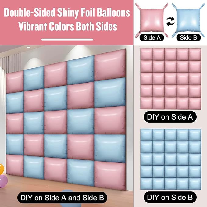 50Pcs Light Pink and Light Blue Square Foil Balloons Wall Backdrop, Double Sided Metallic Foil Balloons Tunnel Arch Garland Kit for Photo Booth Birthday Wedding Halloween Christmas Party Decorations