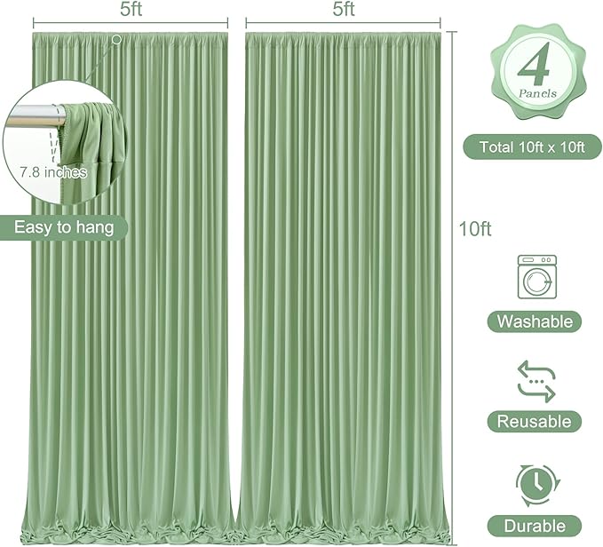 20 x 10ft Sage Green Backdrop Curtains with Lights String for Wedding Polyester Photo Backdrop Drapes Wrinkle Free Curtains Backdrop for Birthday Parties Reception Baby Shower Ceremony-5 x 10ft x 4P