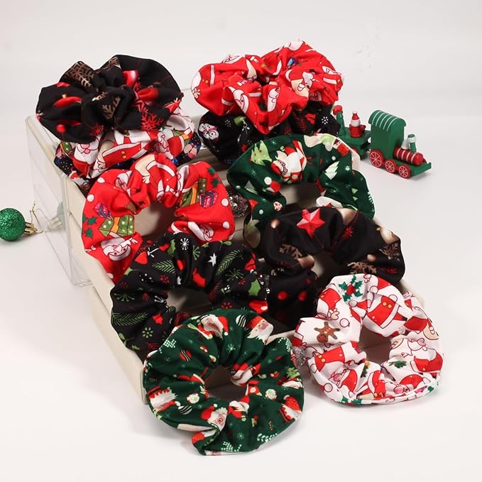 12PCS Christmas Hair Scrunchies for Women Girls Elastic Hair Ties Santa Claus Snowman Elk Bell Christmas Tree Snowflake Hair Accessories Christams Party Decor Gifts