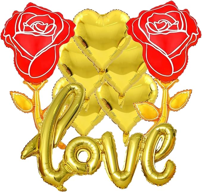 Gold Heart Balloons Gold Love Balloons Gold Rose Balloons Valentine Balloons Valentine Party Balloons for Valentine Day Decoration Anniversary Party Decorations Theme Supplies Balloon Sets-8 PCS
