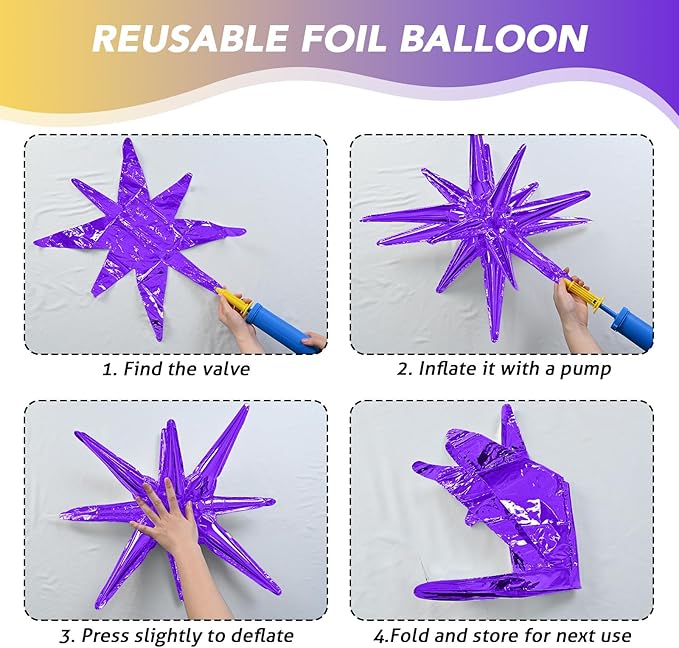 6PCS Purple Gold Star Balloons, 22Inch Large Star Shaped Balloon Foil Spike Balloon Cone Balloons for Graduation Birthday Wedding Baby Shower Halloween Festival Ceremony Decorations
