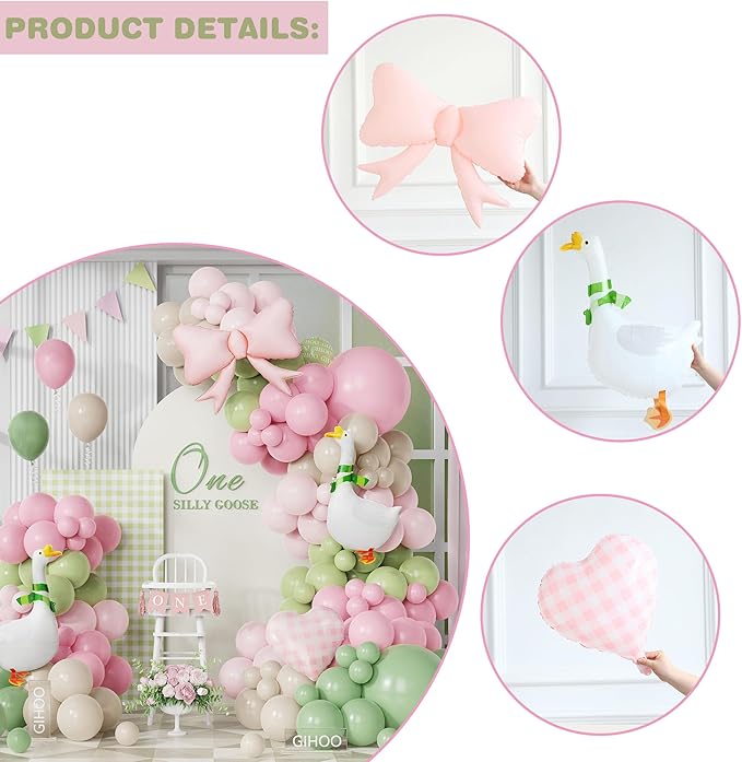 One Silly Goose Balloon Arch Kit with Walking Silly Goose and Gingham Foil Balloons for Farm Animal Goose Themed Birthday Baby Shower Decoration