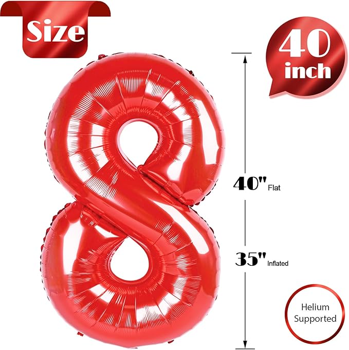 Red Number 8 Balloon 40 Inch, 8th Birthday Party Decorations for Children, Giant 8 Foil Balloon for Party Supplies