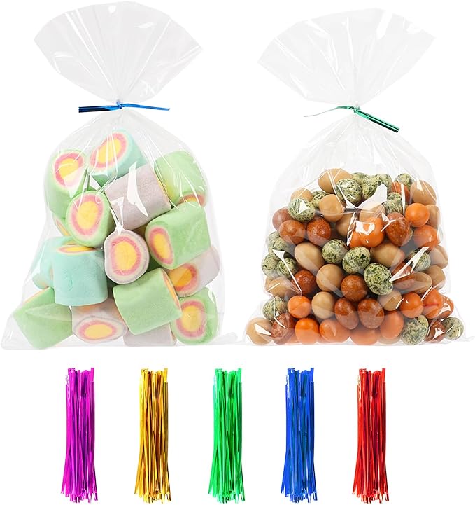 PPRAFDD 100 Pcs 6x10 Cellophane Bags Clear Cellophane Gift Bag with Twist Ties Clear Treat Bags for Bakery,Popcorn,Cookies,Candies,Dessert, Small Gift Party Favors