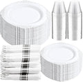 Liacere 350PCS Silver Plastic Plates&Pre Rolled Napkins for 50 Guests - Plastic Dinnerware Sets 100Silver Disposable Plates, 150Silver Silverware, 50Cups and 50Napkins for Christmas
