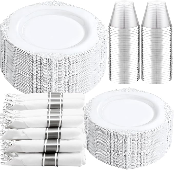 Liacere 350PCS Silver Plastic Plates&Pre Rolled Napkins for 50 Guests - Plastic Dinnerware Sets 100Silver Disposable Plates, 150Silver Silverware, 50Cups and 50Napkins for Christmas