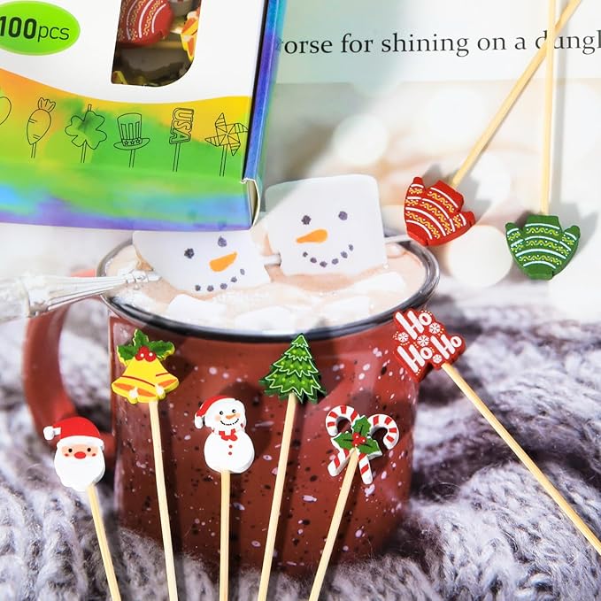 100Pcs, 5", Christmas Cocktail Picks Xmas Decor Toothpicks Fruit Sticks Food Sandwich Appetizer Charcuterie Skewers, Xmas Tree Snowman Bell Santa Claus Themed Christmas Decorations Party Supplies