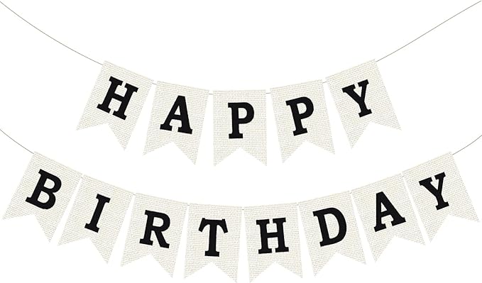 Burlap Happy Birthday Banner, Black Assembled Happy Birthday Banner Sign Garland for Boys Girls Rustic Party Decorations