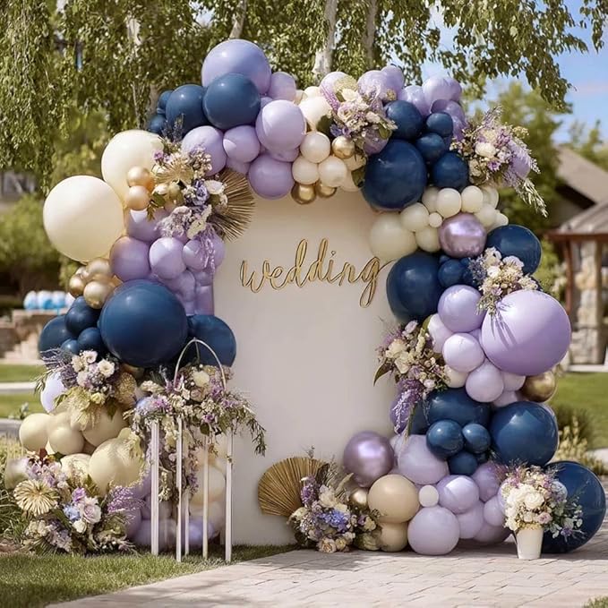Navy Blue Purple Balloon Arch Double Stuffed, Dark Blue Pastel Lavender White Sand Ivory Balloon Garland Kit with Clear Bobo Metallic Lilac Latex for Baby Shower Wedding Birthday Valentine Party Decor