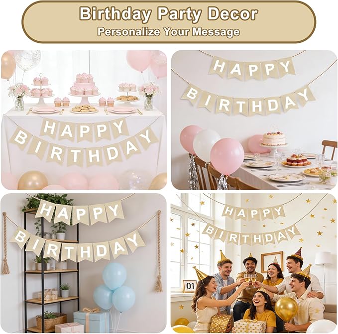 Reusable DIY Custom Banner Kit, 28 Burlap Flags, 87 Cardstock Letters/Numbers, 210 Double-Sided Adhesive Dots, Personalized Party Banner for Birthday, Baby Shower, Wedding, Graduation