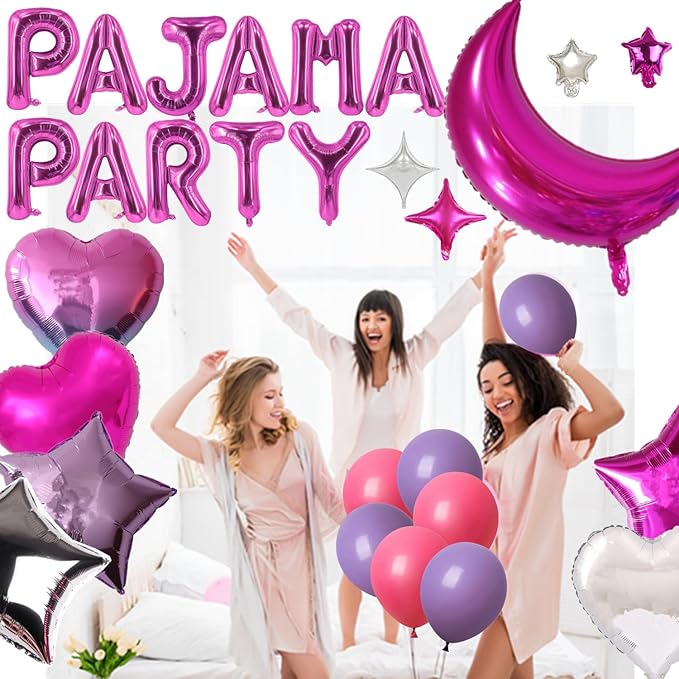 44 Pieces PAJAMA PARTY Balloons Rose Red Moon Star Heart Aluminum Foil Balloons Purple Latex Balloons for Girls Women Slumber Party Sleepover Birthday Party Spa Party Decoration (Rose red)