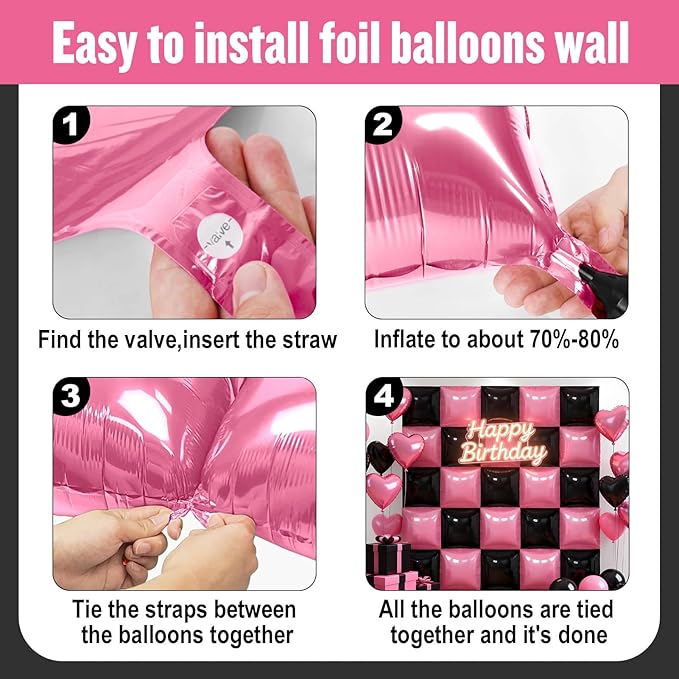 36Pcs Pink and Black Square Foil Balloons Wall Backdrop, Double Sided Metallic Foil Balloons Tunnel Arch Garland Kit for Photo Booth Birthday Wedding Halloween Christmas Party Decorations