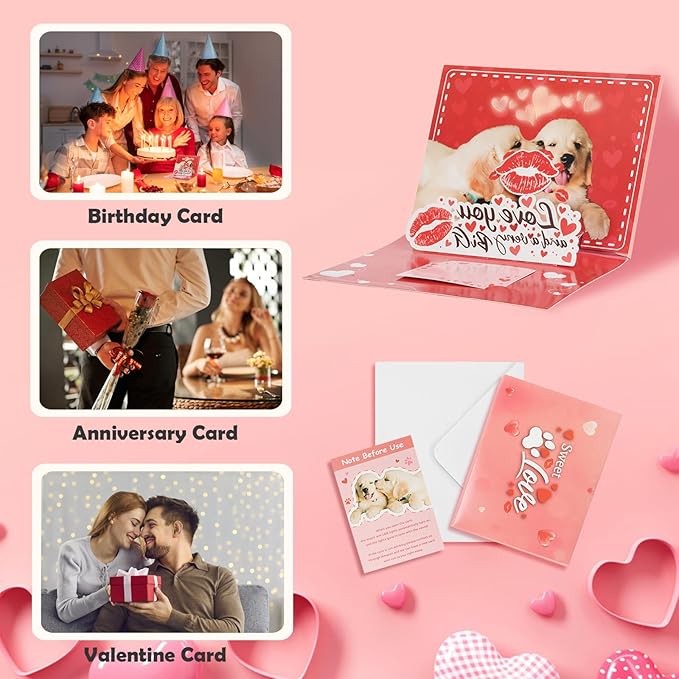 3D Musical Pop Up Anniversary Card with Shake Kiss Puppies, Heart Shaped Flashing Light and Music. Romantic "I Love You" Card for Husband, Wife, Men, and Women. Perfect for Valentine's Day, Birthday.