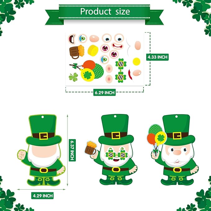 St.Patricks Day Craft Kit for Kids, Leprechaun Ornaments Hanging Art and Craft DIY Project, Make Your Own Leprechaun Stickers Kit, St Patricks Day Shamrock Crafts Party Favors Decorations, 24 Sets