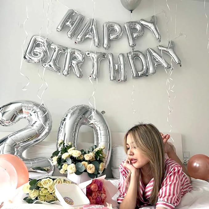 23 Pcs Happy Birthday Balloons Banner, 16 Inch Silver Balloons Mylar Foil Letter with 5pcs Star Balloons Kits for Kids Boys Men Women and Girls Birthday Party Decoration Supplies