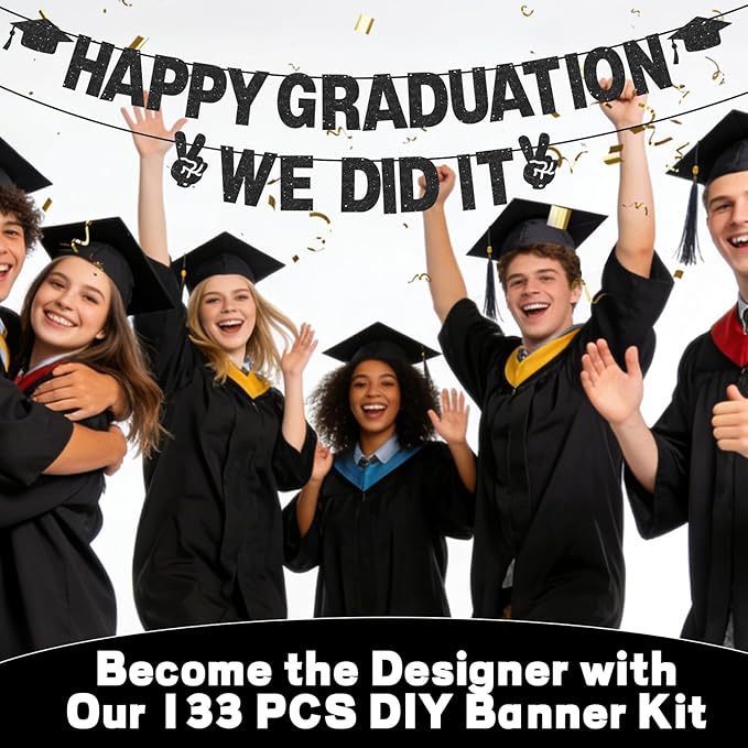 133PCS DIY Banner Kit with Letters Symbols,Make Your Own Banner,Personalized Black Banner Custom Party Banner for Birthday/Graduation/Thanksgiving/Halloween/Valentine's Day/Retirement (Black)