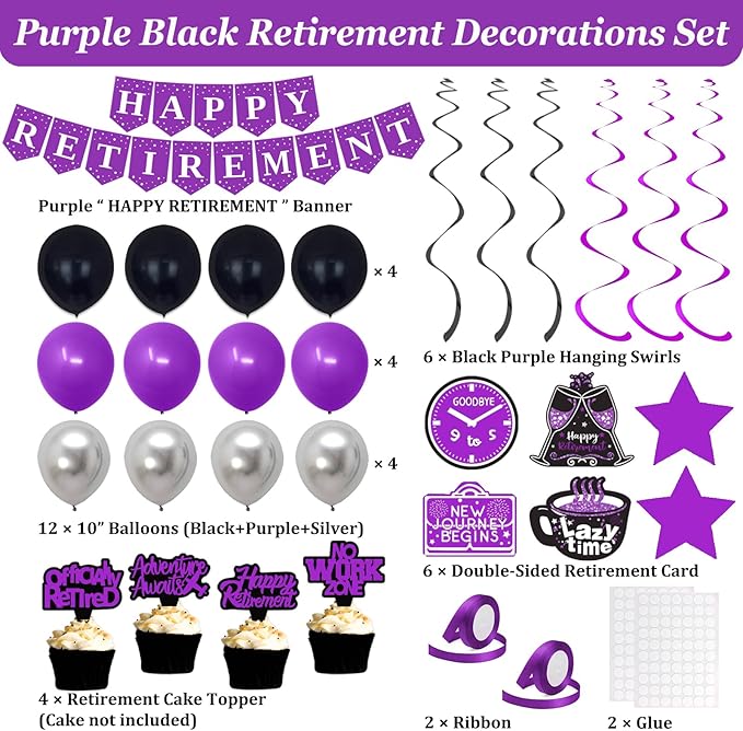 Retirement Party Decorations Women, Purple Black Happy Retirement Decorations Female, Happy RetIrement Banner, Retired Backdrop, Balloons, Pompoms, Hanging Swirls, Retired Cake Topper, 54pcs