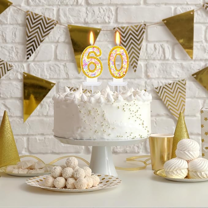 60th Birthday Candle for Women/Men, Golden Macaron Numeral Candles, Birthday Party Cake Decorations, Cake Topper for Birthday Party Supplies (Number 60)