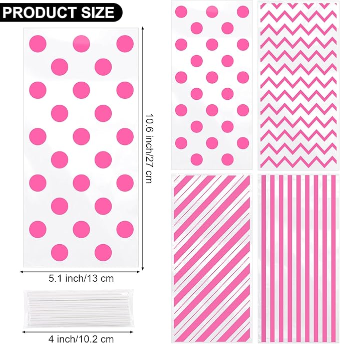 Aodaer 100 Pieces 10.6 x 5.1 In Pink Cellophane Bags Plastic Candy Bags Cellophane Treat Bag Polka Dot Stripes Printed Pattern Goodie Gift Bag with Twist Ties for Birthday, Baby Showers, Weddings Party Supplies