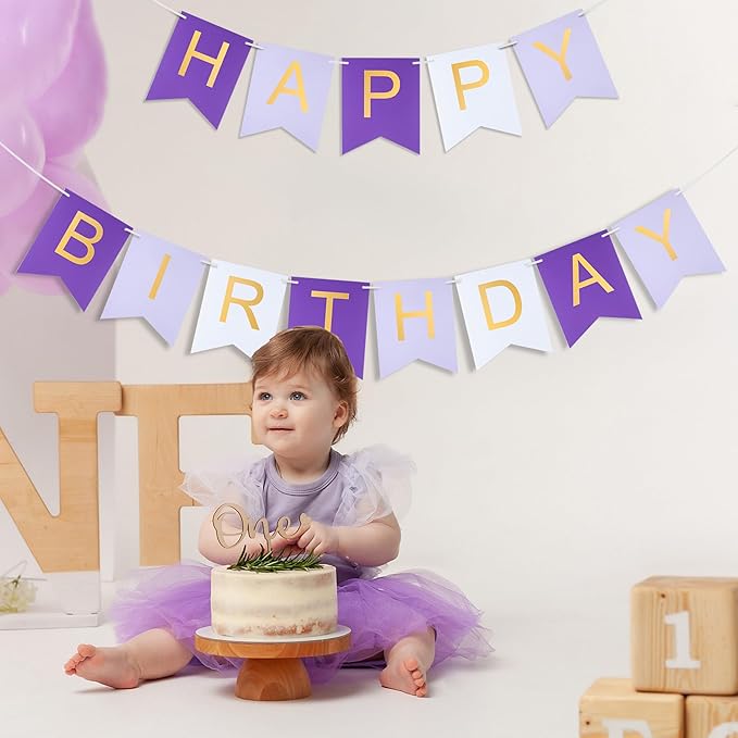 Purple Happy birthday banner - Hanging Backdrop Sign with Gold Letters, Happy Birthday Sign Bunting Decorations for Women men Kids Baby Shower Party Supplies (13pcs)