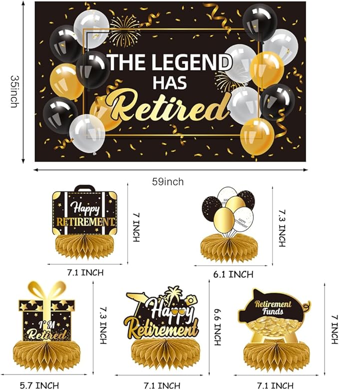 Happy Retirement Party Decorations Men Women, Black and Gold Retirement Party Decorations, Happy Banner, Backdrop, Hanging Swirls, Honeycomb Centerpiece