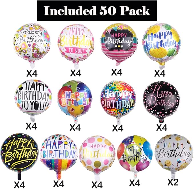 50 Pieces Happy Birthday Party Aluminum Foil Balloons 18" Foil Mylar Helium Balloon Round Inflatable Balloons for Birthday Parties Baby Shower Decorations Supplies