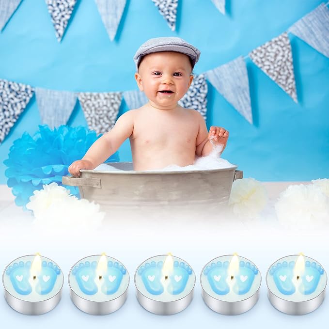 Treela 20 Sets Baby Shower Party Favors Blue Tea Lights Candles with Organza Bag for Guests Cute Feet Shaped Burning Thank You Tags Return Gifts Keepsakes for Baby Shower Gender Reveal Party