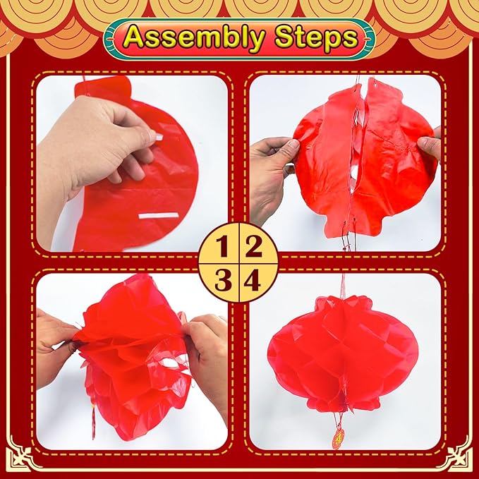 3D Chinese New Year Decorations 2026, Chinese Dragon Decoration with 1 Dragon and 12 Red Plastic Paper Lanterns for Spring Festival Party Lunar New Year Decorations 2026