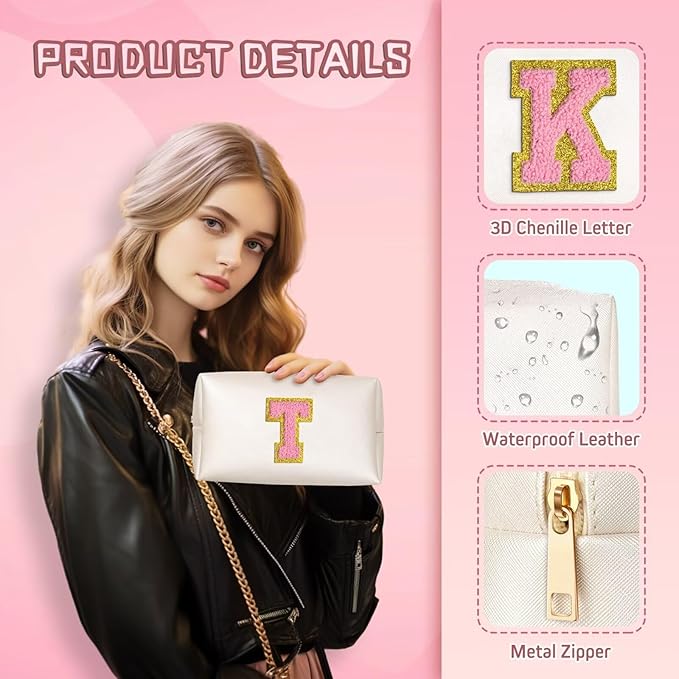 TOPEAST Initial Makeup Bags for Women, Personalized Portable Cosmetic Bag for Travel, Cute Makeup Pouch, PU Leather Waterproof Toiletry Bag, Preppy Things for Girl (Pearly White V)
