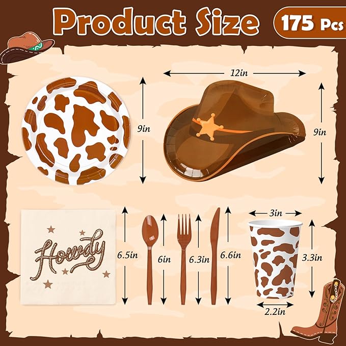 175 Pcs Cowboy Tableware Sets Serves 25 Guests Brown Rodeo Hat Cow Print Plates Napkins Cups Fork Knife Spoon Disposable Dinnerware for Western Birthday Cowgirl Party Supplies