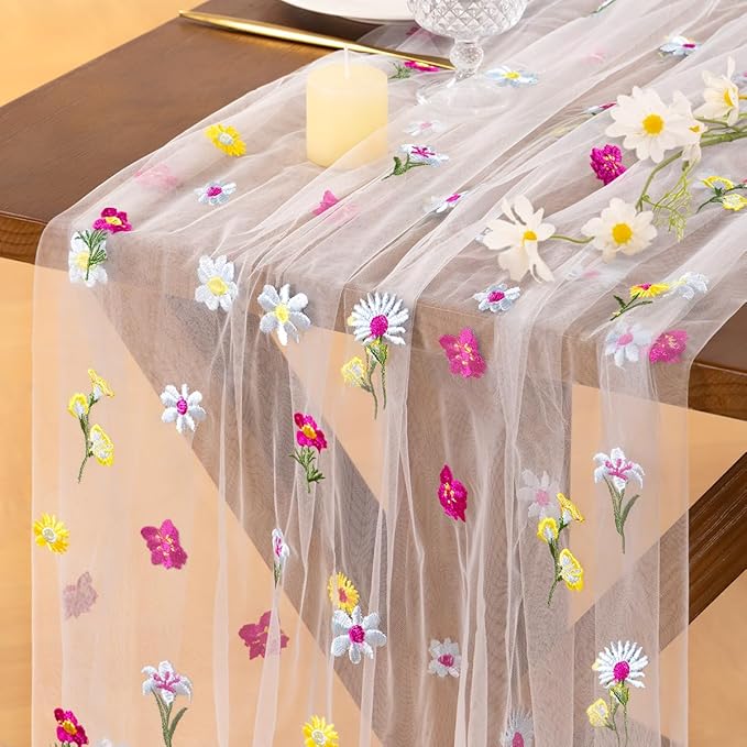 Socomi Embroidery Floral Table Runner Spring Wildflower Gauze Tulle Cheesecloth Seasonal Table Runners for Wedding Party Baby Shower Birthday Holiday Picnic Home Decor