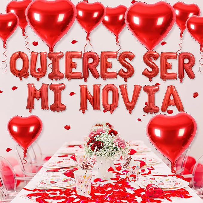 2 Set 16 Inch QUIERES SER MI NOVIA Balloons, Red Will You Be My Girlfriend Letter Balloons Spanish with 200pcs Artificial Rose Petals for Valentines Anniversary Day Banner Decorations