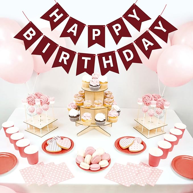 Burgundy Birthday Banner Sign Happy Birthday Bunting Banner Garland for Kids Girl Woman Tea Party Decorations Bunting Flag Party Supplies