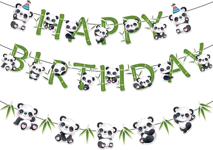 Zwiebeco Pandas Happy Birthday Party Decoration Green Black White Bamboo Leaves Sign Banner Hanging Paper Garland Bunting for Babys Kids Themed Accessories Supplies