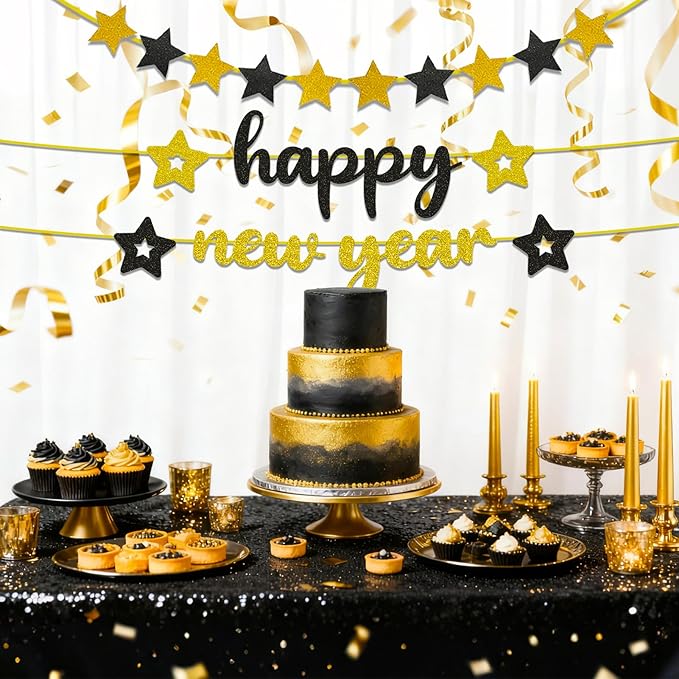 Happy New Year Banner, 2026 New Years Eve Party Supplies NYE Sign Decorations with Stars for Mantle Fireplace Holiday Decor