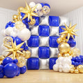 Royal Blue and Silver Checkered Square Foil Balloons Backdrop Wall, Double Sided Tunnel with Dark Blue White Gold Balloon Arch Garland Kit for Birthday Graduation New Year Graduation Party Decoration