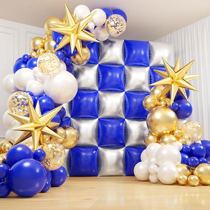 Royal Blue and Silver Checkered Square Foil Balloons Backdrop Wall, Double Sided Tunnel with Dark Blue White Gold Balloon Arch Garland Kit for Birthday Graduation New Year Graduation Party Decoration