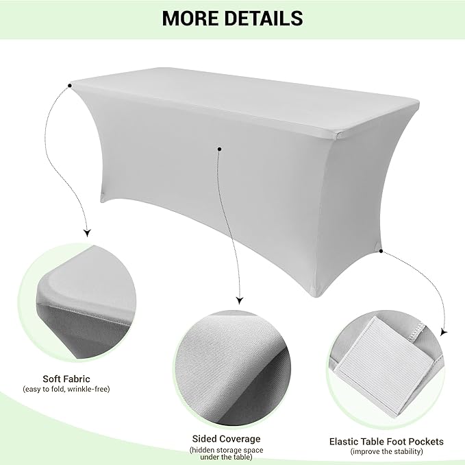 Obstal 8Ft Stretch Spandex Table Cover for Standard Folding Tables - 2 Pack Universal Rectangular Fitted Tablecloth for Party, Banquet, Events, Trade Show (Silver, 96L x 30W x 30H Inches)