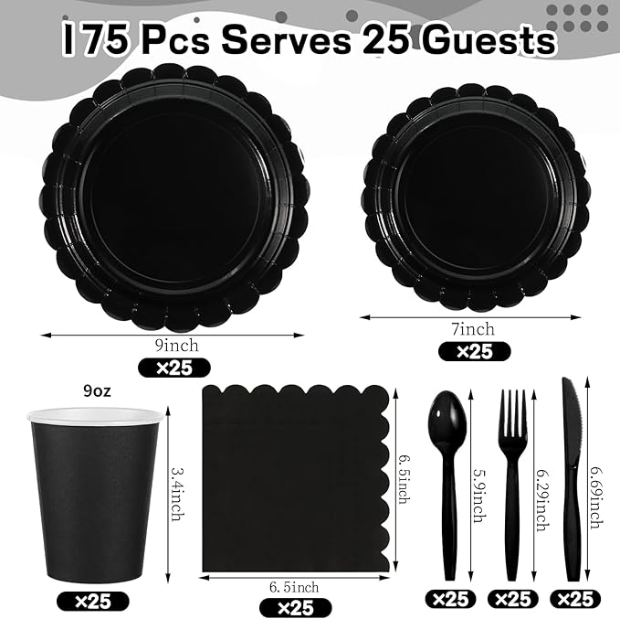 175 Pcs Black Plates and Napkins 25 Guest Black Party Supplies Includes Scalloped Party Plate Napkins Cups Plastic Cutlery for Birthday, New Year