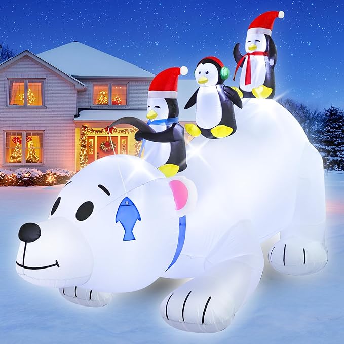 FunFanso 8 FT Christmas Inflatable Polar Bear with Penguins Outdoor Yard Decorations, Blow up 3 Penguins Fishing on Big Polar Bear with Bright LED Lights for Indoor Xmas Decor Outside Garden Lawn