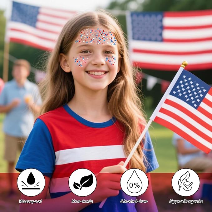 Red White Blue Hair Glitter Stick,Patriotic Face Body Glitter,4th of July Accessories,Fourth of July Outfits for Women,Patriotic Day Memorial Day Waterproof Chunky Glitter Makeup