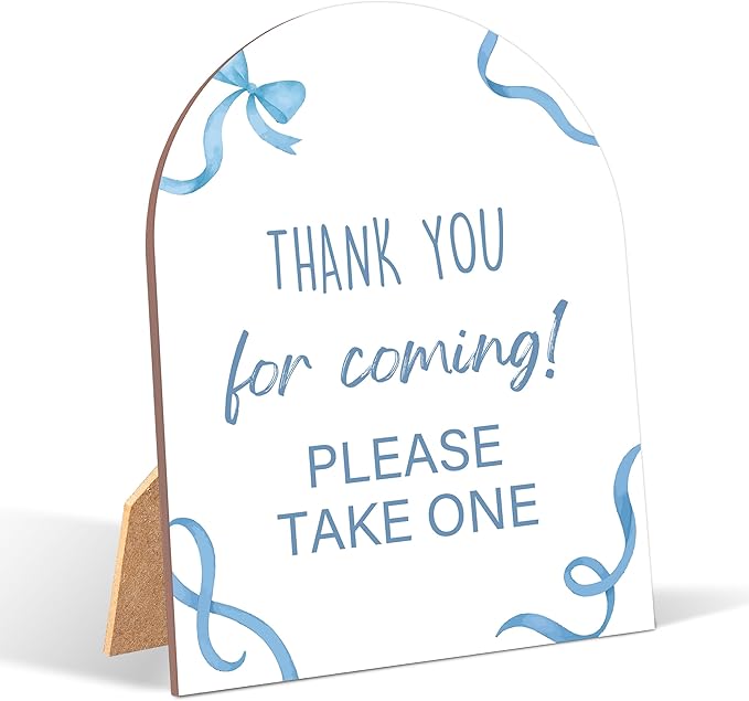 Blue Bow Thank You For Coming Sign for Baby Shower, 6x8 Inch Arch Wooden Sign with Stand, Blue Baby Shower Table Sign, Gender Neutral Party Decoration - QW13