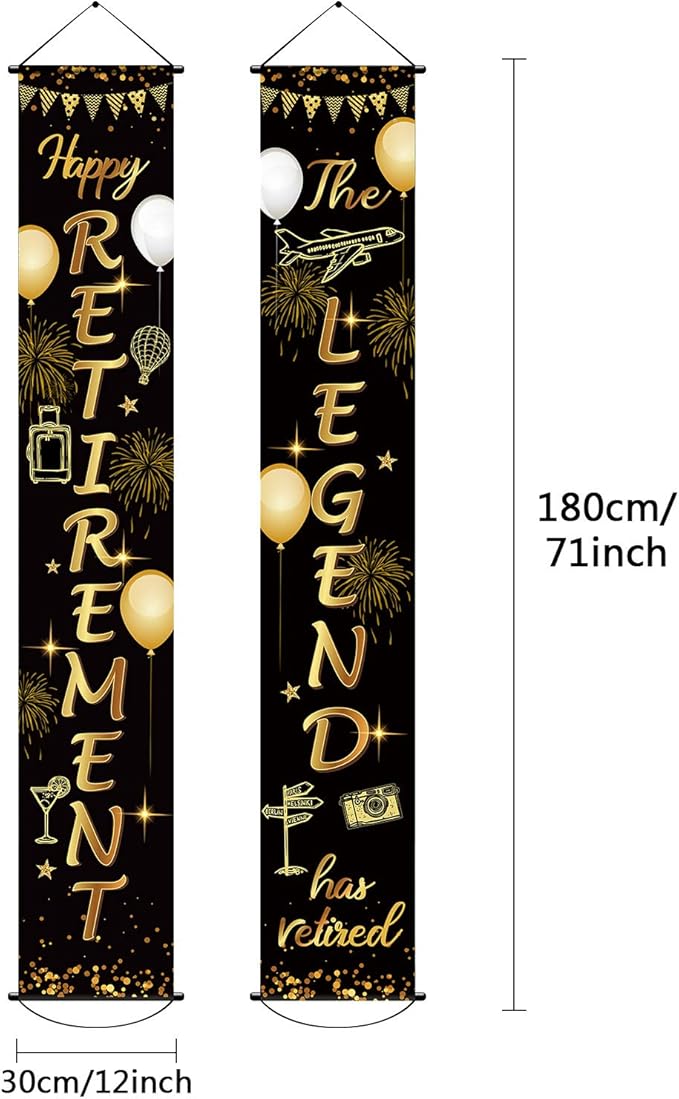 Boao Retirement Porch Sign Door Hanging Banner, Retirement Banner the Legend Fabric Door Sign Background for Retire Party Decoration Supplies, 71 x 12 Inches(Black and Gold)